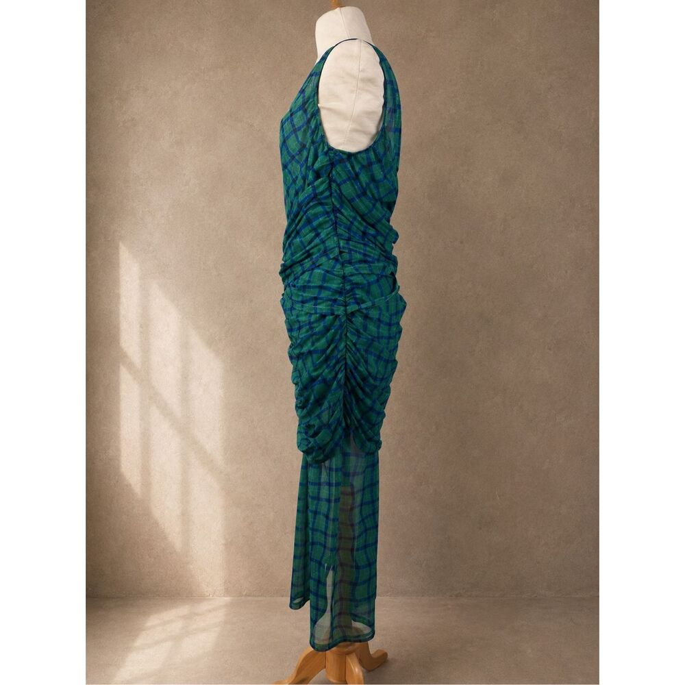 Simon Miller Sz M Kinny Ruched Plaid Mesh Midi Dress Anthropologie Green Blue - Picture 3 of 12